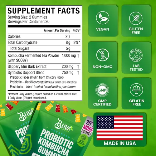 Vista 6 de BLIVA - Gomitas probióticas de kombucha, prebióticos, probióticos, postbióticos, corteza de olmo resbaladizo y fibra, suplemento de gomitas