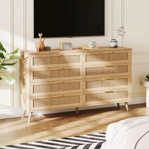 Vista 41 de Rovaurx Cómoda doble de 6 cajones para dormitorio, cómoda de ratán, cómoda de madera moderna con asas doradas, mesa auxiliar para armario, sala