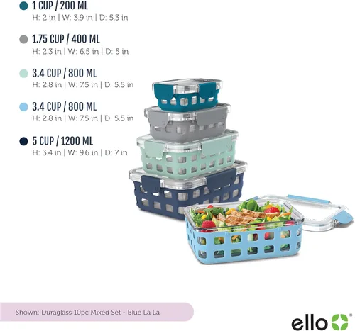 Vista 3 de Ello Duraglass Mixed Meal Prep Sets Leak-Proof Glass Food Storage Containers with Silicone Sleeves and Airtight BPA-Free Lids, Dishwasher