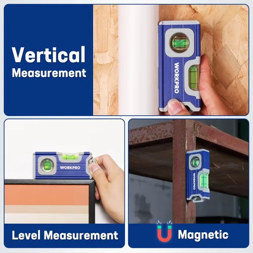 Vista 7 de WORKPRO Nivel pequeño, mini herramienta de nivel de 4-1/2 pulgadas, nivel de bolsillo magnético con 2 burbujas diferentes 90°/180°, construcción
