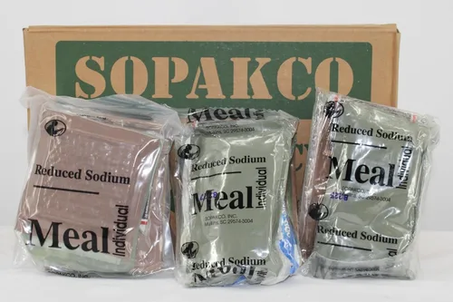 Vista 2 de SOPAKCO Raciones alimenticias reducidas en sodio MRE 14 comidas listas para comer - 8/23 o más recientes
