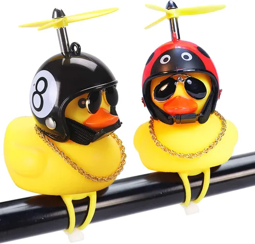 Adornos de pato de goma para automóvil, 2 piezas de pato amarillo, decoraciones de tablero de automóvil, cuernos de bicicleta de pato con casco de