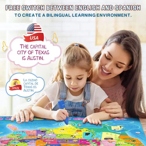 Vista 2 de Qiaojoy Bilingüe interactivo para niños que hablan de Estados Unidos mapa para aprendizaje de niños, juegos de geografía, mapa electrónico