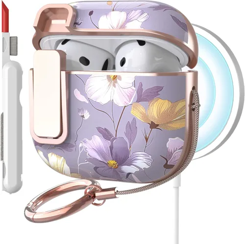 Vista 24 de TATOFY Funda rígida para AirPods 1 y 2, elegante y bonitos patrones de flores, funda protectora rígida con llavero de clip