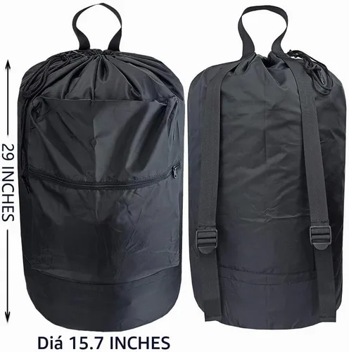 Vista 5 de Mochila lavable con bolsillo con cremallera, bolsa de ropa resistente, 2 correas de hombro ajustables fuertes con cierre de cordón para viajes Negro