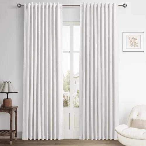Beige White 100% Blackout Curtains 84 Inch Length for Bedroom Back Tab Thick Heavy Black Out Linen Drapes Farmhouse Rustic Living Room Thermal