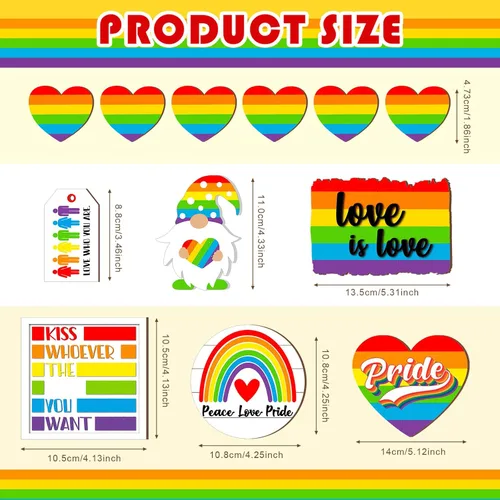 Vista 3 de FairySandy 12 piezas de decoración de bandeja escalonada del orgullo arco iris, decoración de mesa de gnomo, corazón, amor es amor, letrero