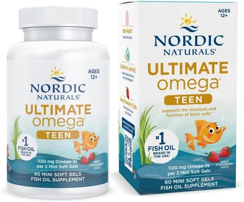 Nordic Naturals Ultimate Omega 2X Teen, Fresa - 60 mini geles blandos - 1120 mg Omega-3 totales con EPA y DHA - Salud cerebral, estado de ánimo