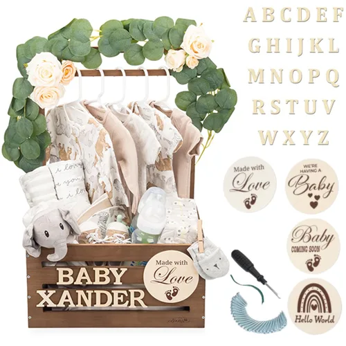Vista 8 de Armario de madera para baby shower con parte delantera de acrílico transparente, caja de madera personalizable con sistema de doble varilla, cestas
