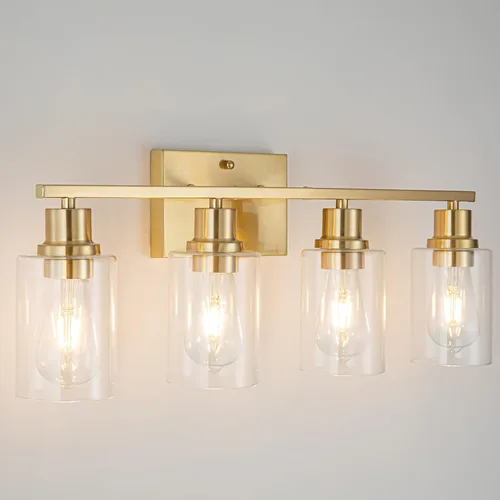 Vista 11 de Lámpara de baño dorada de 1 luces, lámpara de tocador de latón cepillado con pantalla de vidrio transparente, luces de pared de baño modernas