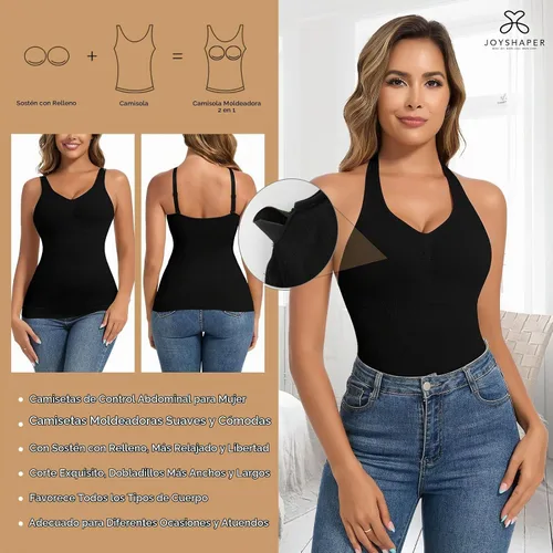 Vista 3 de JOYSHAPER Camisola moldeadora con brasier integrado de compresión halter para mujer, control de abdomen, brasier acolchado #5 negro