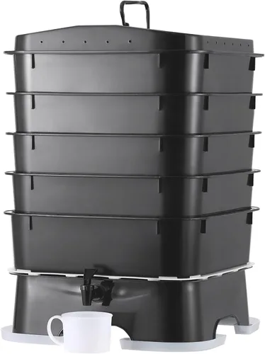 Vista 7 de The Original VermiHut® Plus compostador de gusanos de 5 bandejas - Verde oscuro Contenedor de vermicompostaje para interiores y exteriores