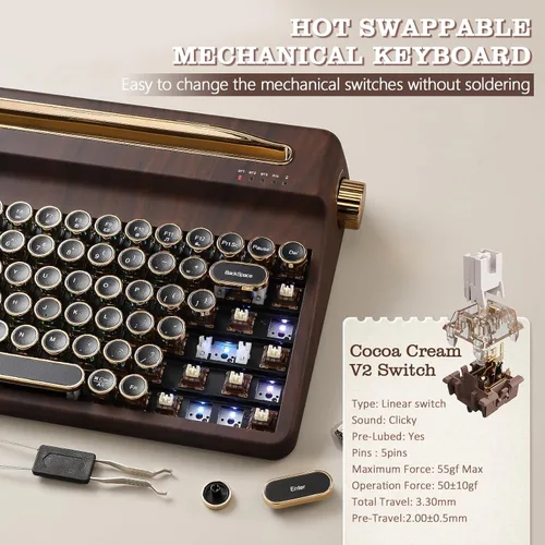 Vista 5 de YUNZII QL75 Wireless Typewriter Hot Swap Retro Mechanical Keyboard,Punk Round Keycaps,RGB Backlit QMK/VIA Programmable, Multi-Device Keyboard with