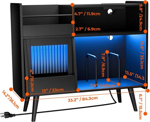 Vista 2 de Soporte grande para tocadiscos con puerta corredera, gabinete de almacenamiento para 350 discos de vinilo, mesa para tocadiscos con toma