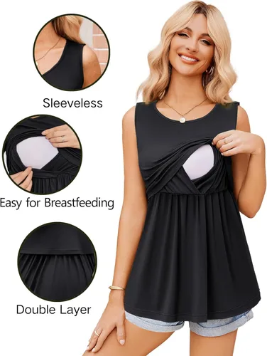 Vista 2 de Ekouaer Camiseta sin mangas de maternidad para mujer, cuello redondo, paquete de 3 unidades, ropa de embarazo de doble capa