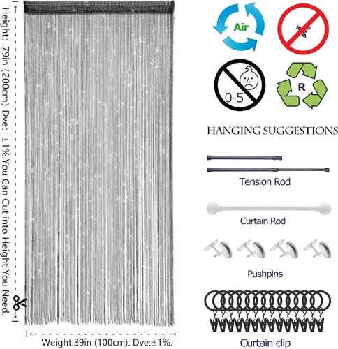 Vista 3 de 2 piezas de cortina de cuentas para puerta, divisor de habitación colgante, decoración de cuentas, panel de flecos con purpurina hippie