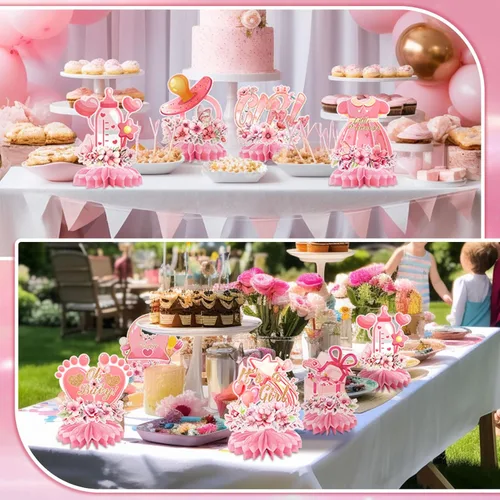 Vista 7 de 9 piezas de decoración rosa para baby shower, centro de mesa de nido de abeja floral, decoración de mesa de anuncio de embarazo para niña