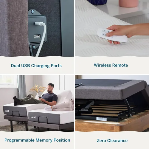 Vista 2 de Lucid L300, base de cama ajustable, motorizada, se monta en 5 minutos, con estación de carga USB doble, inclinación para pie y cabeza, control