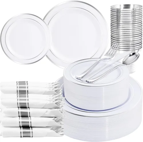 Vista 11 de WELLIFE 210 vajilla de plástico negro con servilletas preenrolladas, incluye: 30 platos llanos, 30 platos de postre, 30 servilletas de papel, 30