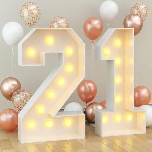 Vista 21 de Números blancos iluminados de 4 pies con luces para decoración de fiesta de primer cumpleaños, marco grande de mosaico de marquesina con ranuras