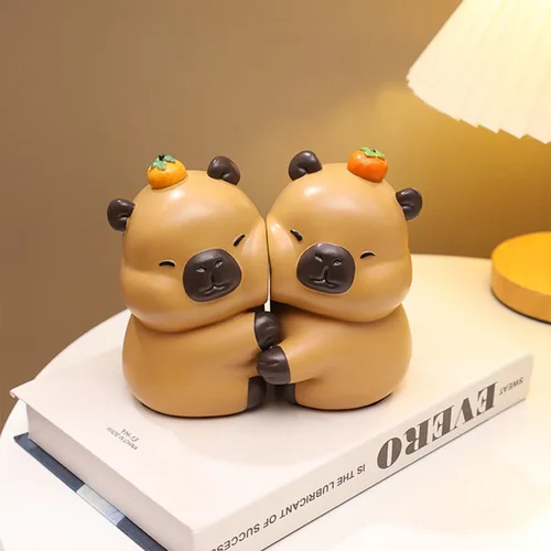Vista 4 de Lindos sujetalibros decorativos de capibara que se abrazan, extremos únicos de libros con temática animal para sostener libros, soporte creativo
