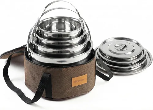 Vista 7 de Juego de utensilios de cocina para campamento, ollas y sartenes compactas de acero inoxidable para fogata Kit combinado con bolsa de viaje Juego