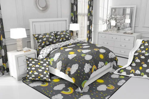 Vista 7 de Erosebridal Juego de edredón de arcoíris, tamaño individual, con sol y nube, edredón de dibujos animados de arco iris para niños y niñas, edredón