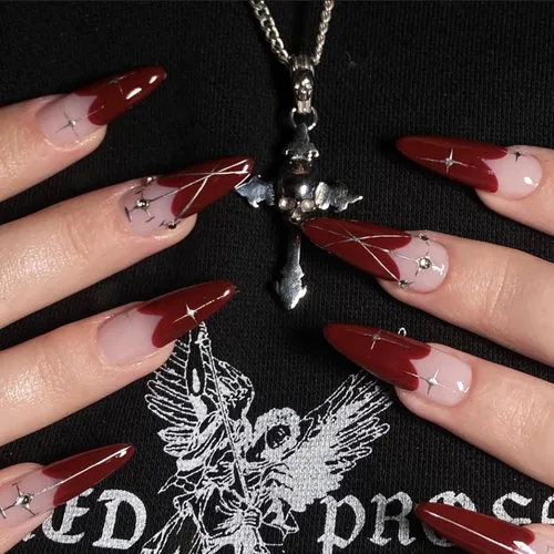 Vista 23 de BABALAL Uñas postizas largas a presión, uñas postizas negras y rojas, uñas acrílicas de almendra con diseño gótico, uñas adhesivas para mujeres