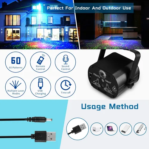 Vista 3 de Luces de fiesta para escenario de DJ Disco, proyector de luz láser LED RGB con flash estroboscópico activado por sonido y control remoto