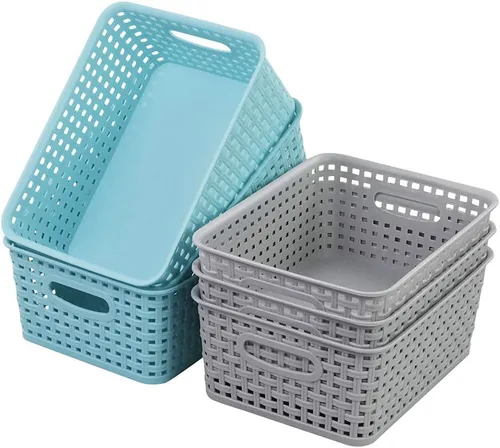 Vista 7 de Paquete de 6 cestas de ratán de tejido de plástico para almacenamiento, cestas pequeñas