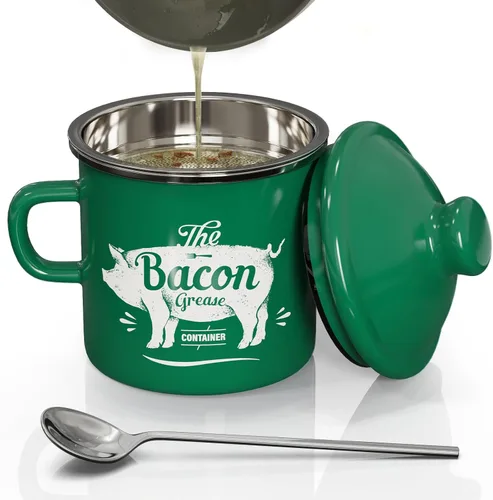 Vista 17 de PGYARD Mini Recipiente para Grasa de Tocino con Colador - Ahorrador de Grasa Esmaltado de 15 Onzas, Guardador de Grasa de Tocino Estilo Granja