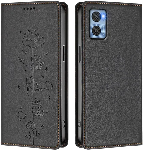 Wallet Phone Case for Moto E22 4G Cover, Playful Cat PU Leather Phone Cover with 2 Card Slots & Hidden Flip Kickstand, TPU Shockproof Protective
