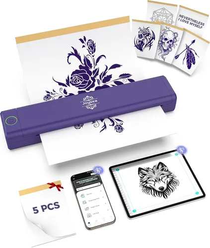 Joysea Kit de impresora de plantillas de tatuaje con 5 papeles de transferencia, máquina de tatuaje térmica inalámbrica Bluetooth para principiantes