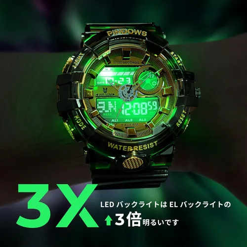 Vista 4 de PINDOWS Reloj para Hombre, Reloj Analógico Digital Resistente al Agua 50M, Reloj Electrónico para Deportes al Aire Libre, Fecha, Multifunción, LED