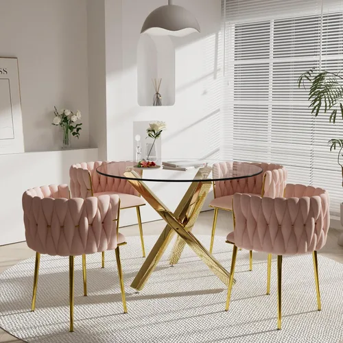 Vista 23 de Juego de mesa de comedor de cristal redondo dorado de 5 piezas, 39 pulgadas con tapa de cristal transparente para 4, mesa de cocina circular de lujo