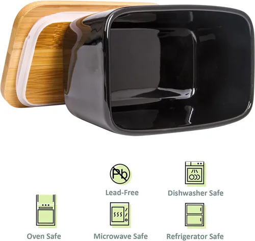Vista 5 de Mantequillera con tapa, extra grande de 22.0 fl oz, recipiente de porcelana con tapa de bambú para 2 barras de mantequilla, apto para microondas