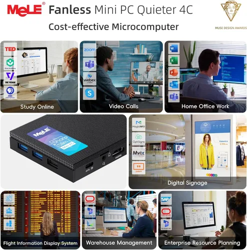 Vista 9 de MeLE Mini PC sin ventilador Quieter 4C N150 (Beat N100, N97), 16GB 512GB Mini computadora de escritorio Win 11, Full funcional USB-C, 2.4/5G Wi-Fi