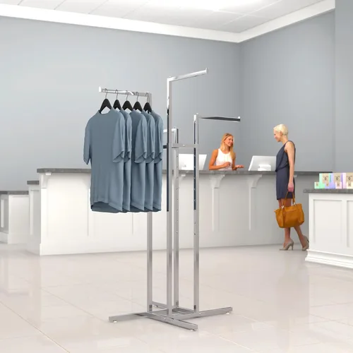 Vista 3 de Perchero para ropa Econoco – Perchero de 4 direcciones de material cromado, altura de brazos regulable, tubos cuadrados, perfecto para exhibir ropa