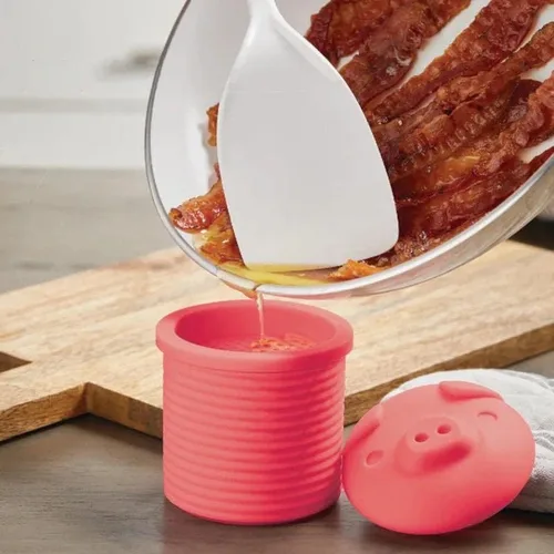 Vista 7 de Lindo colador y colador de grasa de tocino Rojo Recipiente de grasa de tocino en tarro de silicona con colador