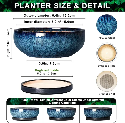 Vista 2 de Succulent Pots, 6 Inch Ceramic Bonsai Pots with Saucer, Blue
