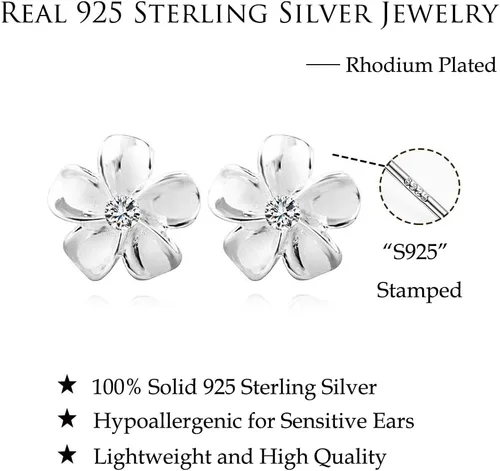 Vista 7 de Reffeer Aretes de tuerca de plata de ley 925 maciza con diseño de flor de plumeria para mujeres y adolescentes