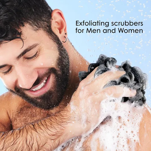 Vista 5 de Esponja de esponja de baño – Paquete de 4 bolas de malla de ducha negra – Exfoliante corporal para hombres y mujeres – Esponja de baño duradera