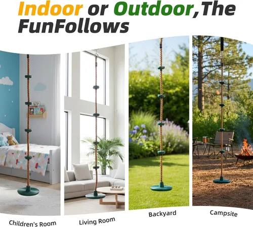 Vista 8 de Columpio de disco para niños al aire libre – Columpios de árbol de alta resistencia con plataforma antideslizante y cuerda ajustable, Asiento