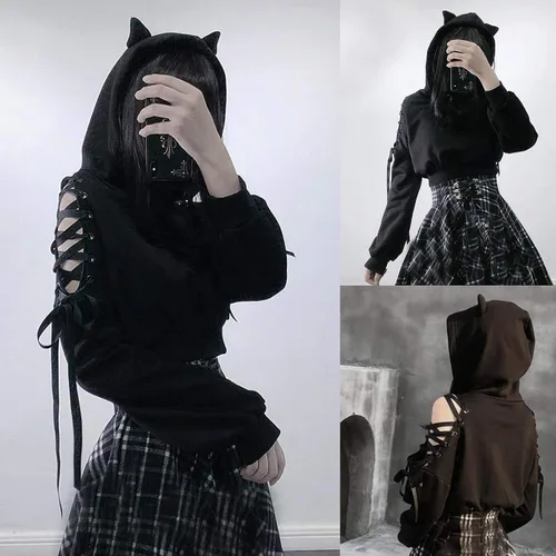 Vista 2 de ZJRXM Sudadera con capucha para mujer de manga larga estilo gótico informal con encaje para adolescentes y niñas
