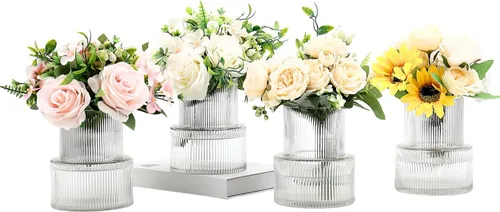 Vista 63 de Jarrones de vidrio acanalado, juego de 2 jarrones estriados para flores, florero de vidrio ámbar para tulipanes, jarrón moderno para sala de estar