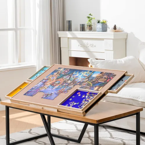 Vista 8 de Tektalk Mesa de Rompecabezas con Soporte/Bracket Ajustable Integrado y Cubierta Extraíble, Meseta de Madera de 3 Ángulos de Inclinación Tablero