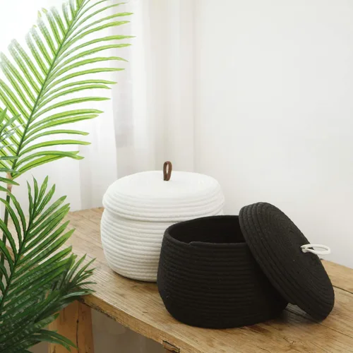 Vista 2 de Sea Team Cesta de almacenamiento redonda de cuerda de algodón con tapa, contenedor de almacenamiento tejido decorativo, cesto, maceta, caddy