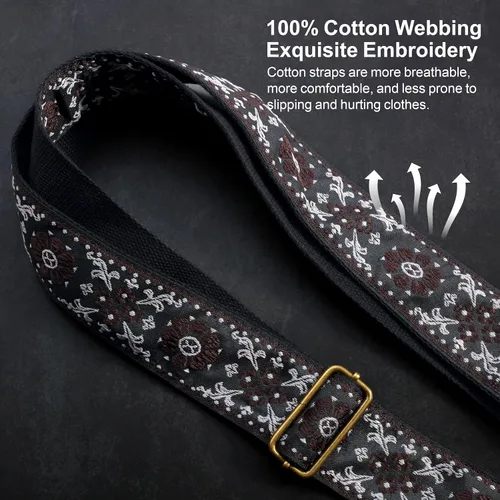 Vista 4 de Nefelibata Correa de guitarra, correas de guitarra de algodón bordado jacquard con extremos de cuero de caballo loco para bajo, eléctrico