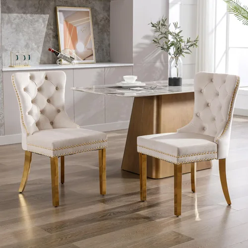 Vista 38 de KCC Juego de 6 sillas de comedor de terciopelo, silla de comedor tapizada de alta gama con respaldo acolchado, anillo de tracción de cabeza de Beige