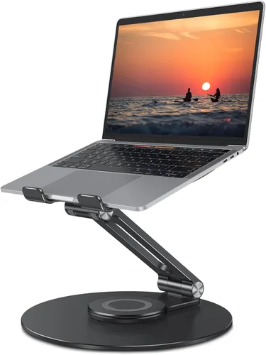 Vista 10 de OMOTON Soporte ajustable para laptop con base giratoria de 360°, elevador ergonómico para laptop para trabajo colaborativo, doble eje giratorio